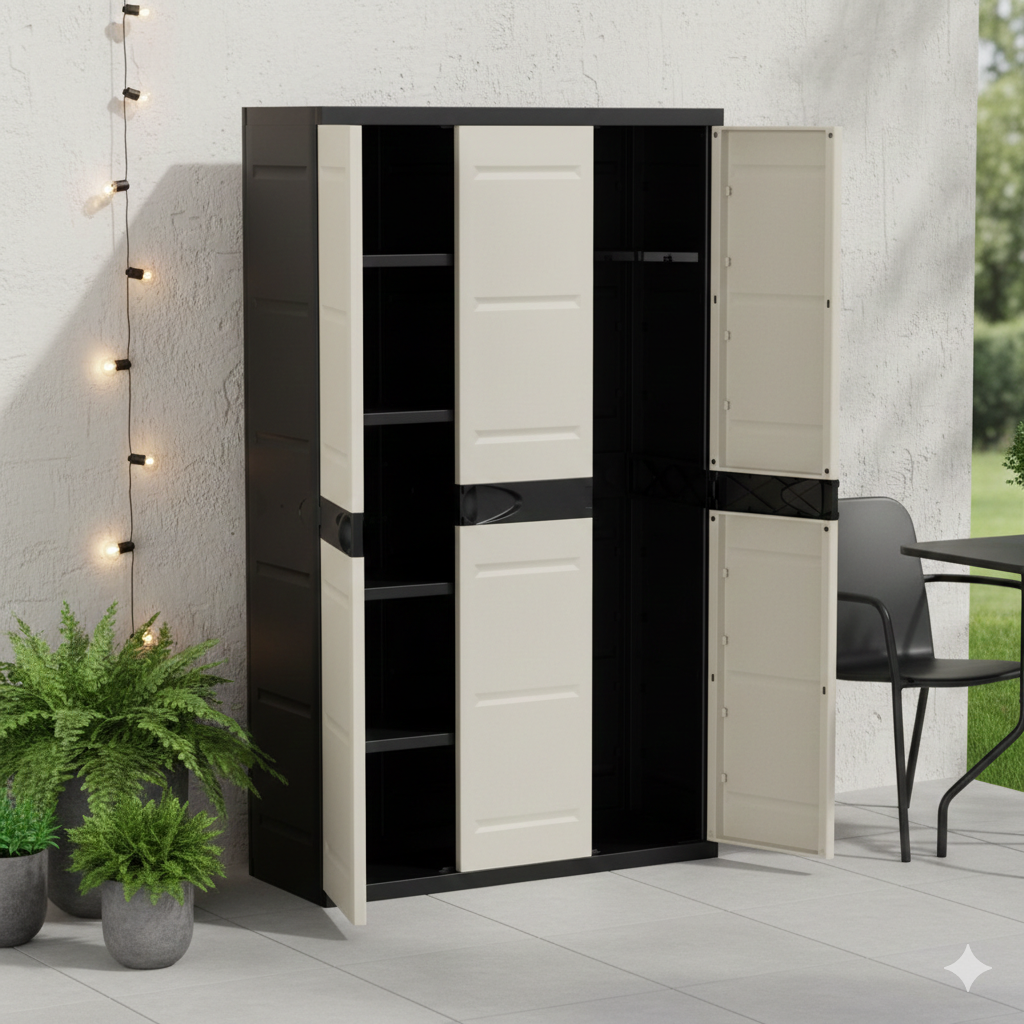 Armario Multiusos de 3 Puertas con 4 Baldas - 176 x 105 x 41 cm - Beige / Negro