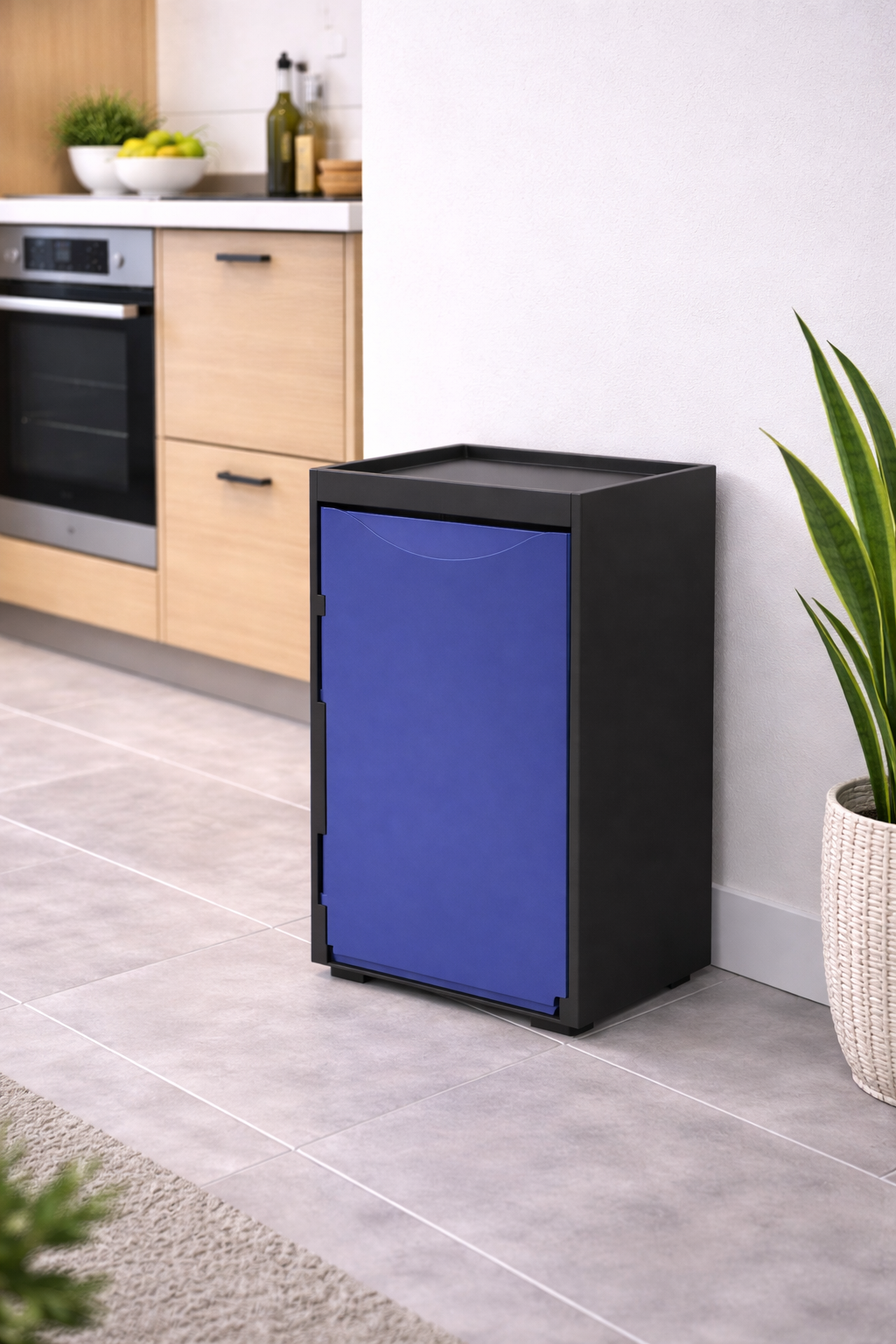 Cubo apilable de reciclaje de plástico con apertura frontal - Color Azul - Medidas: 46x28x27 cm