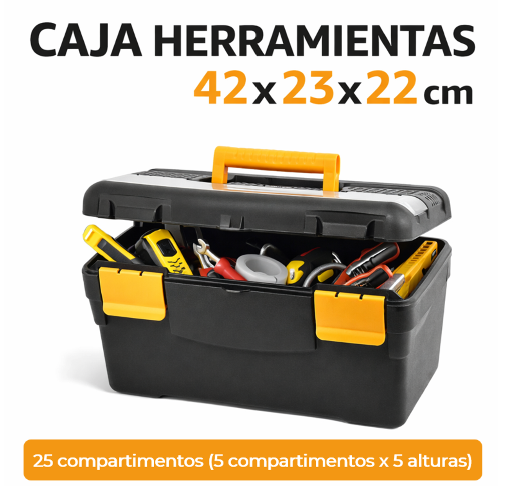 Caja herramientas de plástico con asa | Color Negro y Amarillo | Medidas: 42x23x22 cm