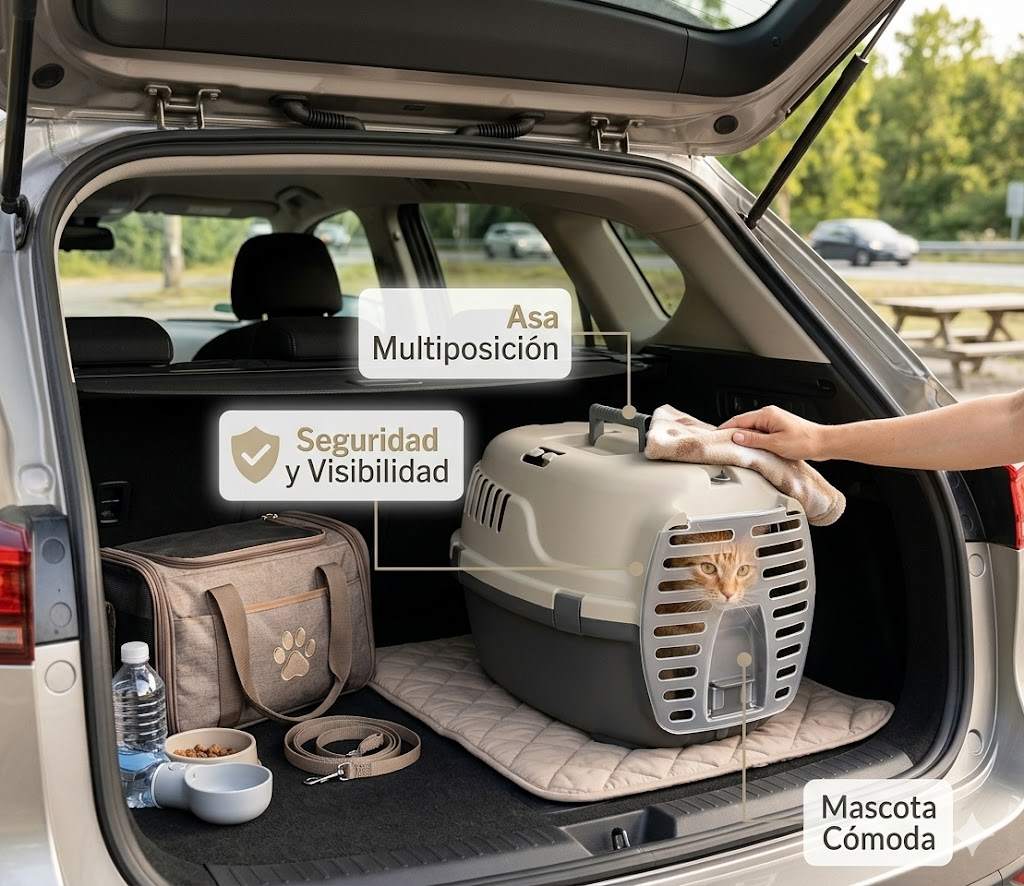 Transportín de plástico para mascotas con puerta y asa | Color Beige | Medidas 48x34x32cm | Máx. 6Kg