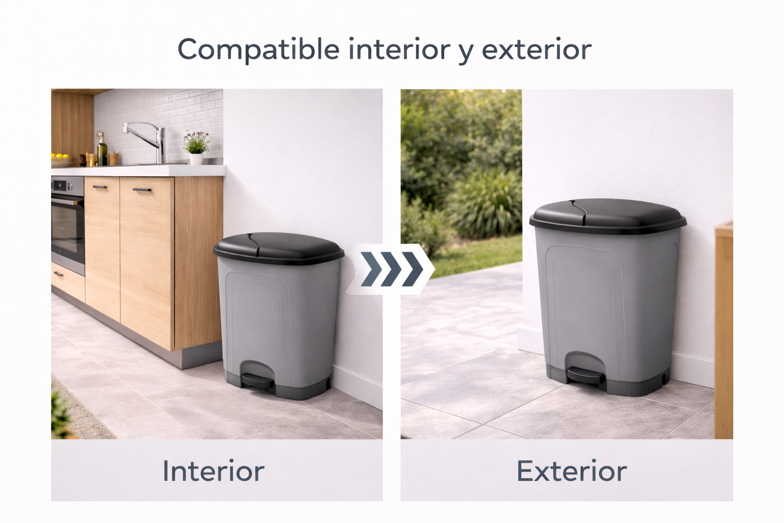 Cubo de basura cocina de plástico con pedal | Color Gris | Capacidad: 15 litros | Tapa color negro