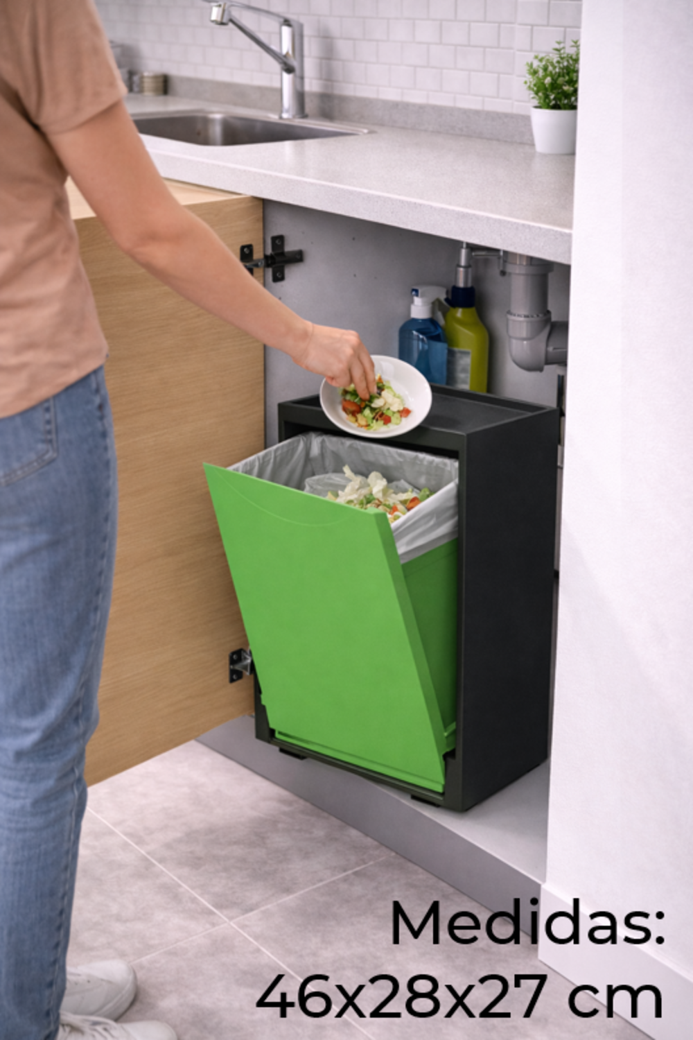 Cubo apilable de reciclaje de plástico con apertura frontal - Color Verde - Medidas: 46x28x27 cm