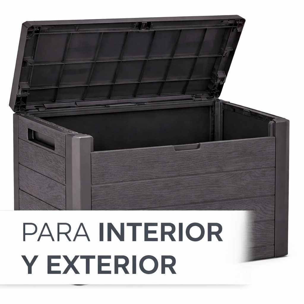 Baúl de almacenaje de plástico marrón estilo madera, tapa y dos asas, 140 L, Medidas: 585x460x550 mm