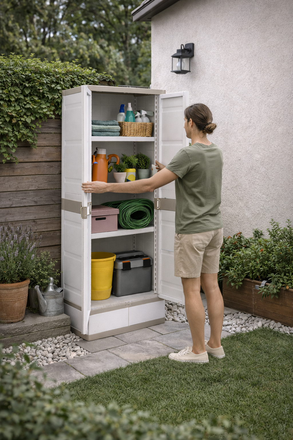 Armario de plástico, color Beige, 2 puertas, 4 baldas regulables en altura | Medidas: 176x70x41 cm