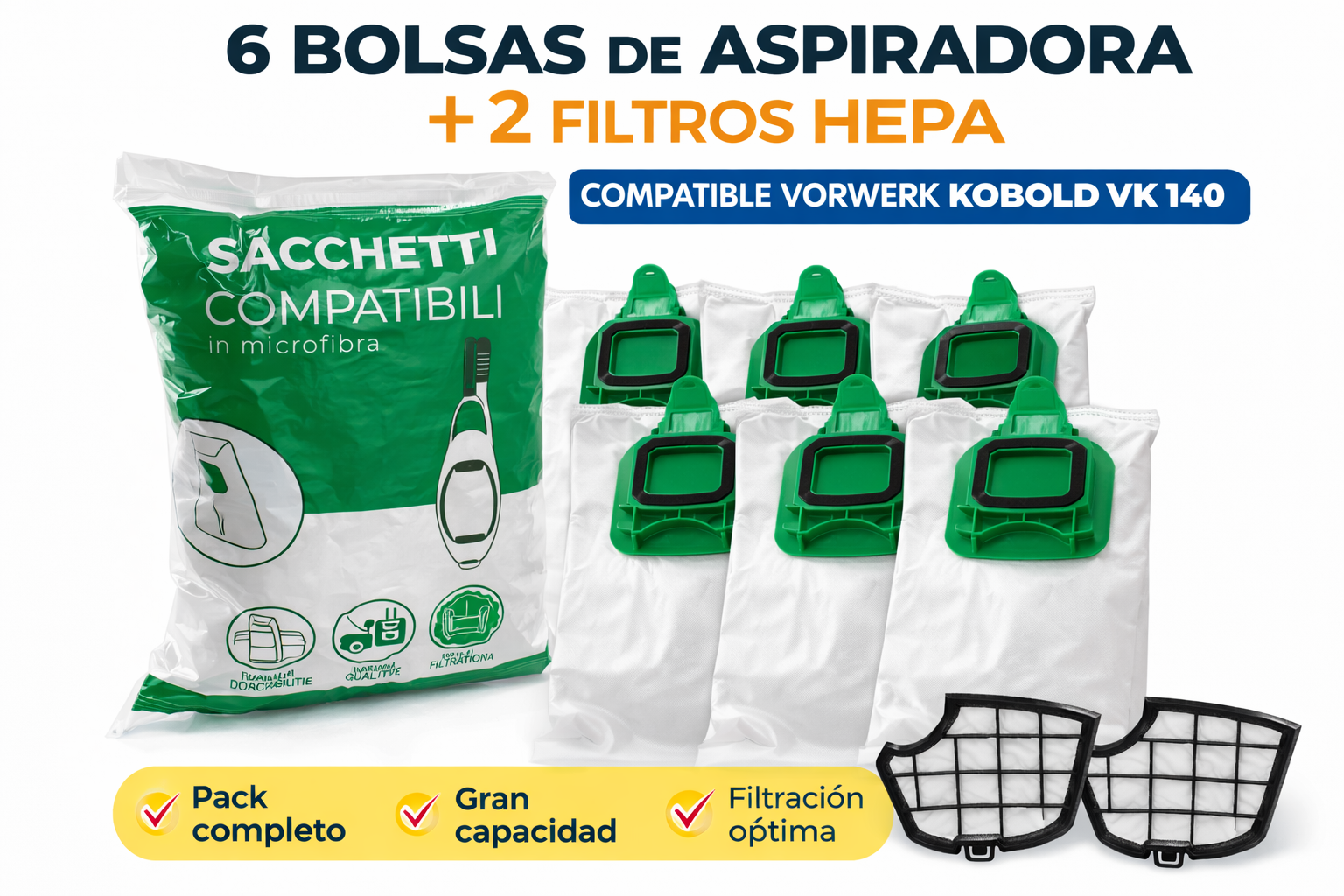 RECAMANIA Kit 12 Bolsas Aspiradora Compatible Vorwerk Kobold VK140 VK150 + 2 Filtros
