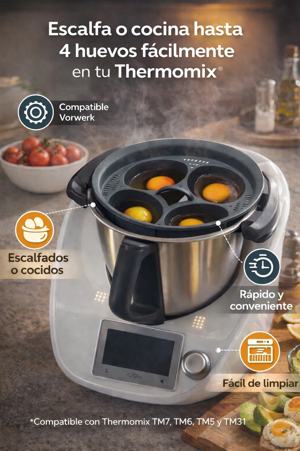 Cocedor de Huevos Compatible Thermomix TM7 TM6 TM5 TM31 – Accesorio para Cocinar hasta 4 Huevos