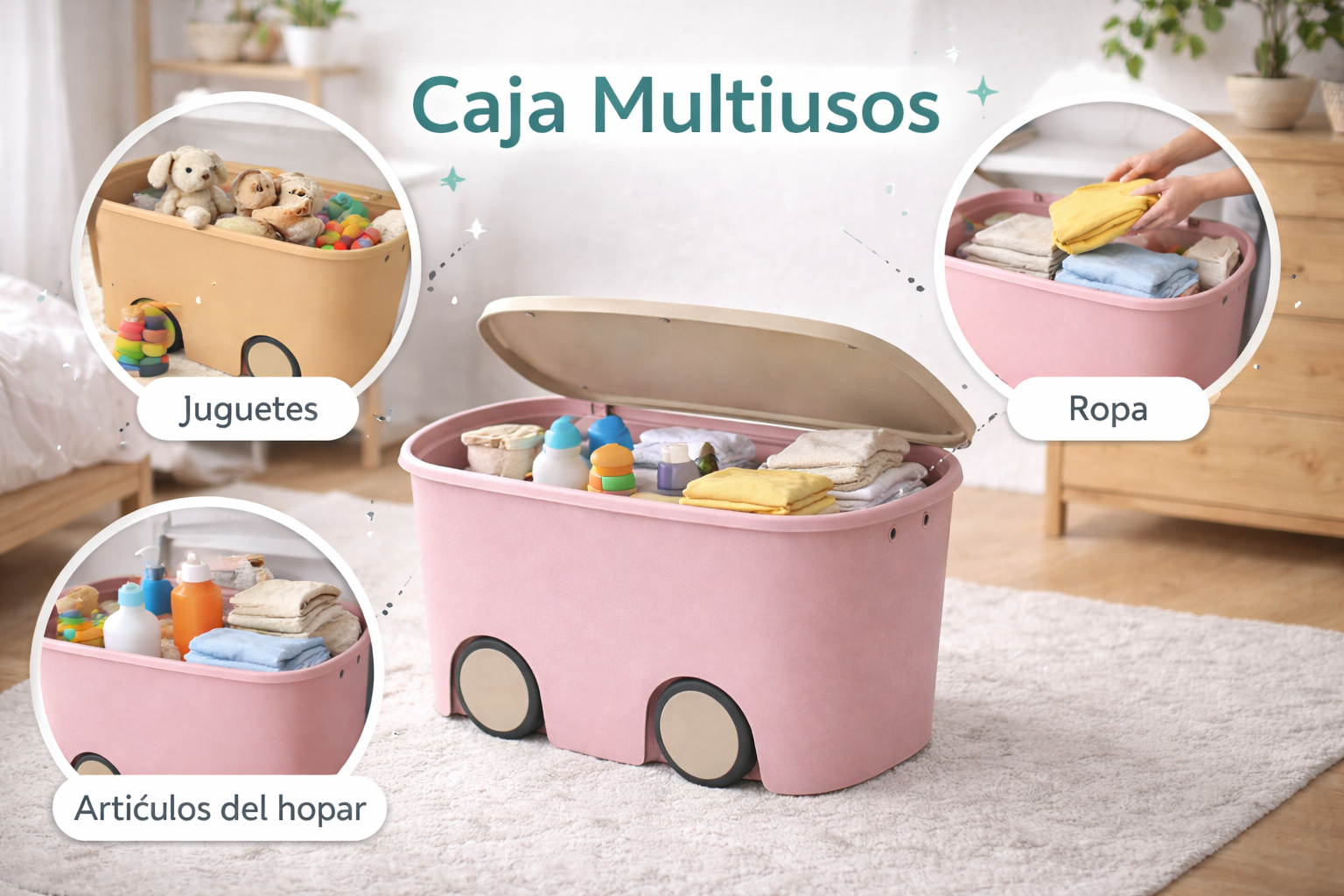 Caja de almacenamiento de plástico con ruedas y tapa | Color rosa | 45 litros | Medidas: 58x38x32 cm