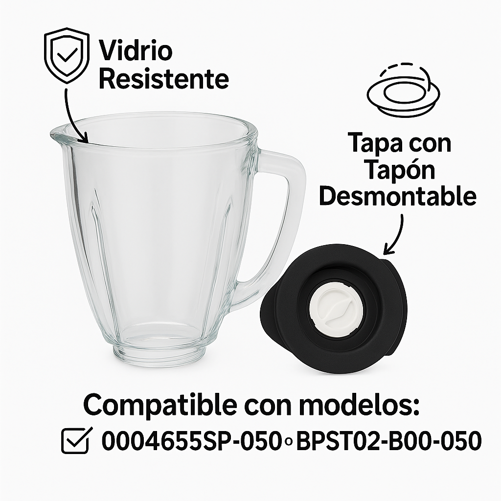 Kit de Repuesto para Batidora Oster – Jarra de Vidrio Redonda + Tapa con Tapón