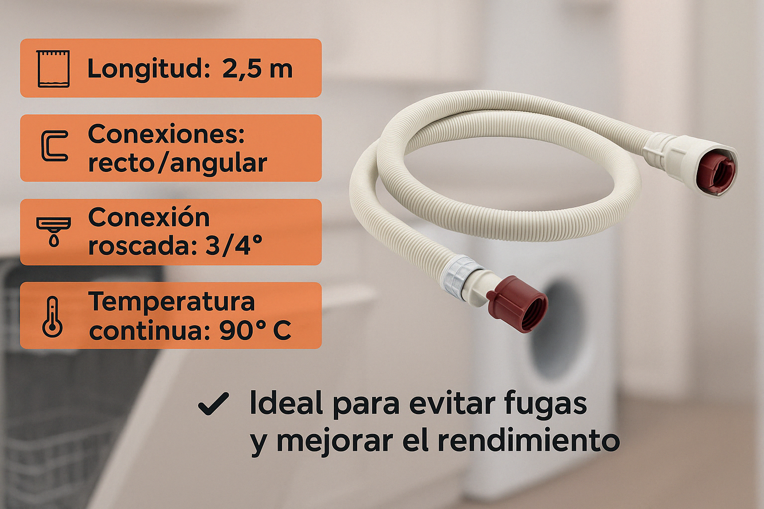 Manguera de Entrada de Agua 2,5m  Aquastop  Apta para Bosch, Siemens, Whirlpool, AEG y Más
