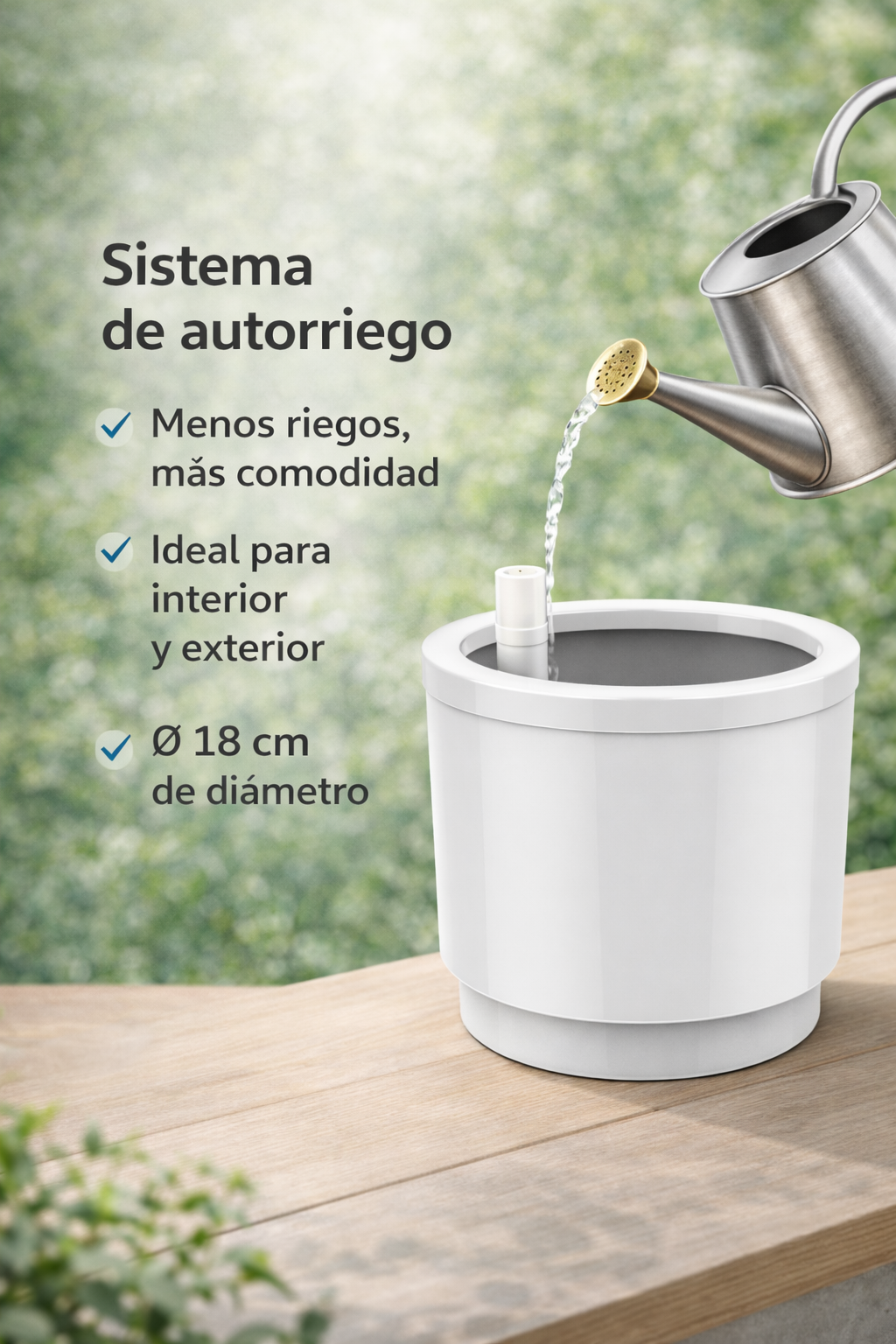 Maceta de plástico con sistema de autorriego y depósito de agua, Blanco, ∅ 18cm, 4 Litros, Alto 17cm