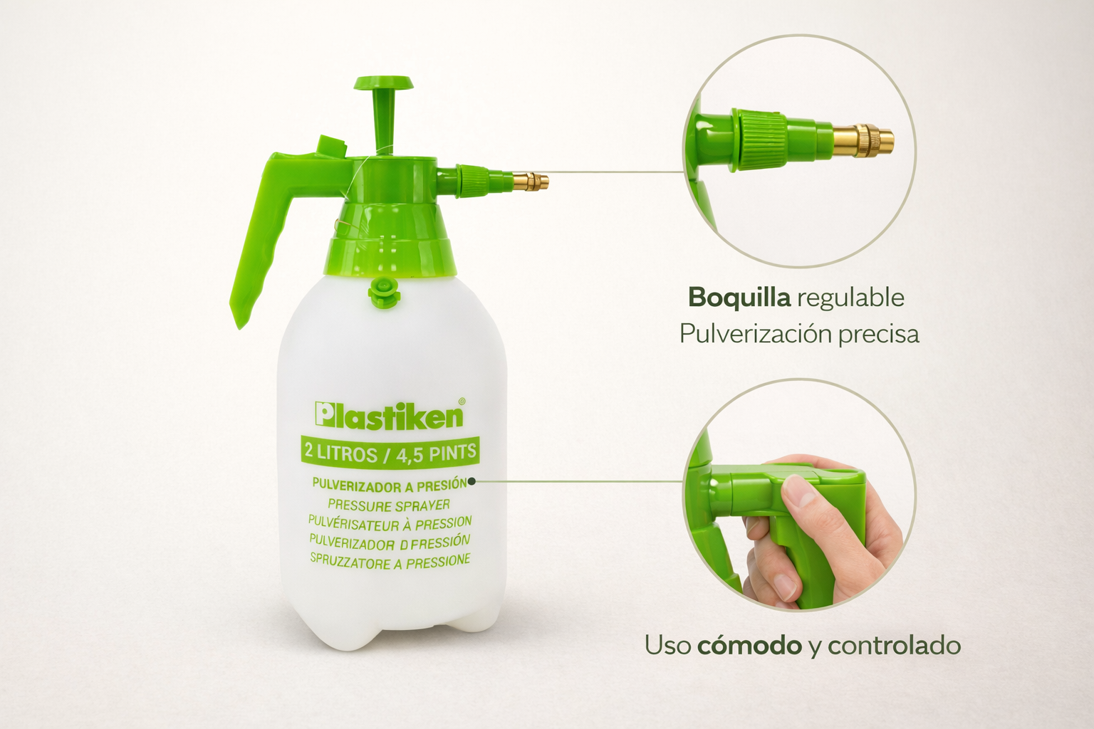 Pulverizador a presión de plástico con gatillo con bloqueo, capacidad: 2 L/ 4,5 pints, 49x38x41 cm