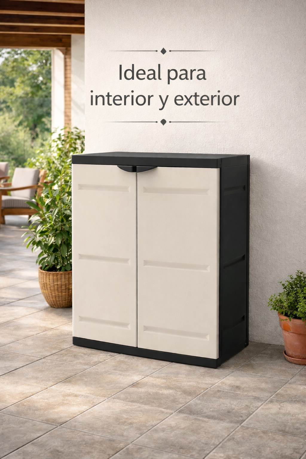 Armario de plástico multiuso, 2 puertas, Beige y negro, 70x41x88 cm, 2 baldas regulables en altura