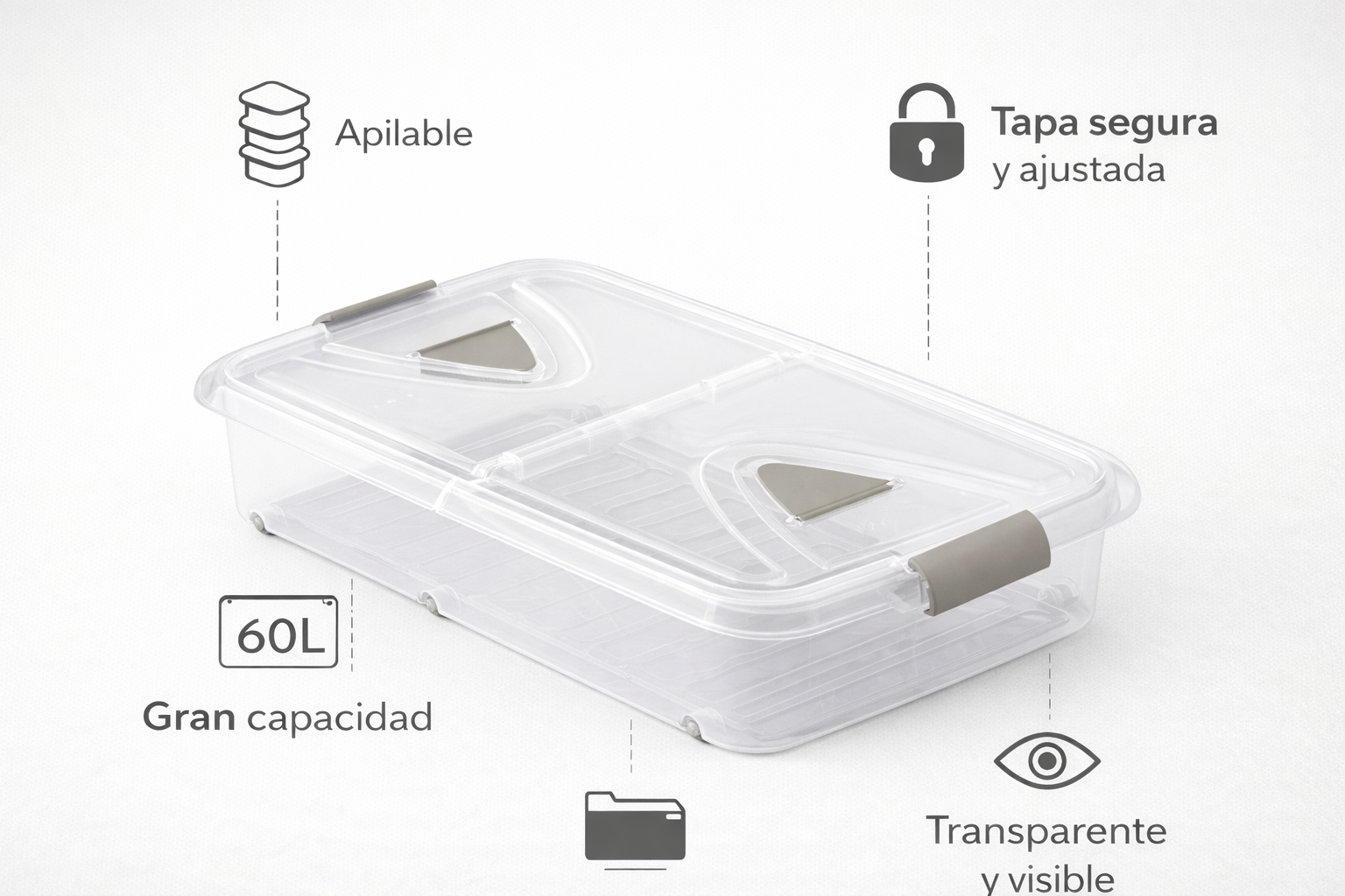 Caja de almacenaje de plástico transparente con ruedas y tapa, Capacidad 60 L, Medidas: 80x50x18 cm