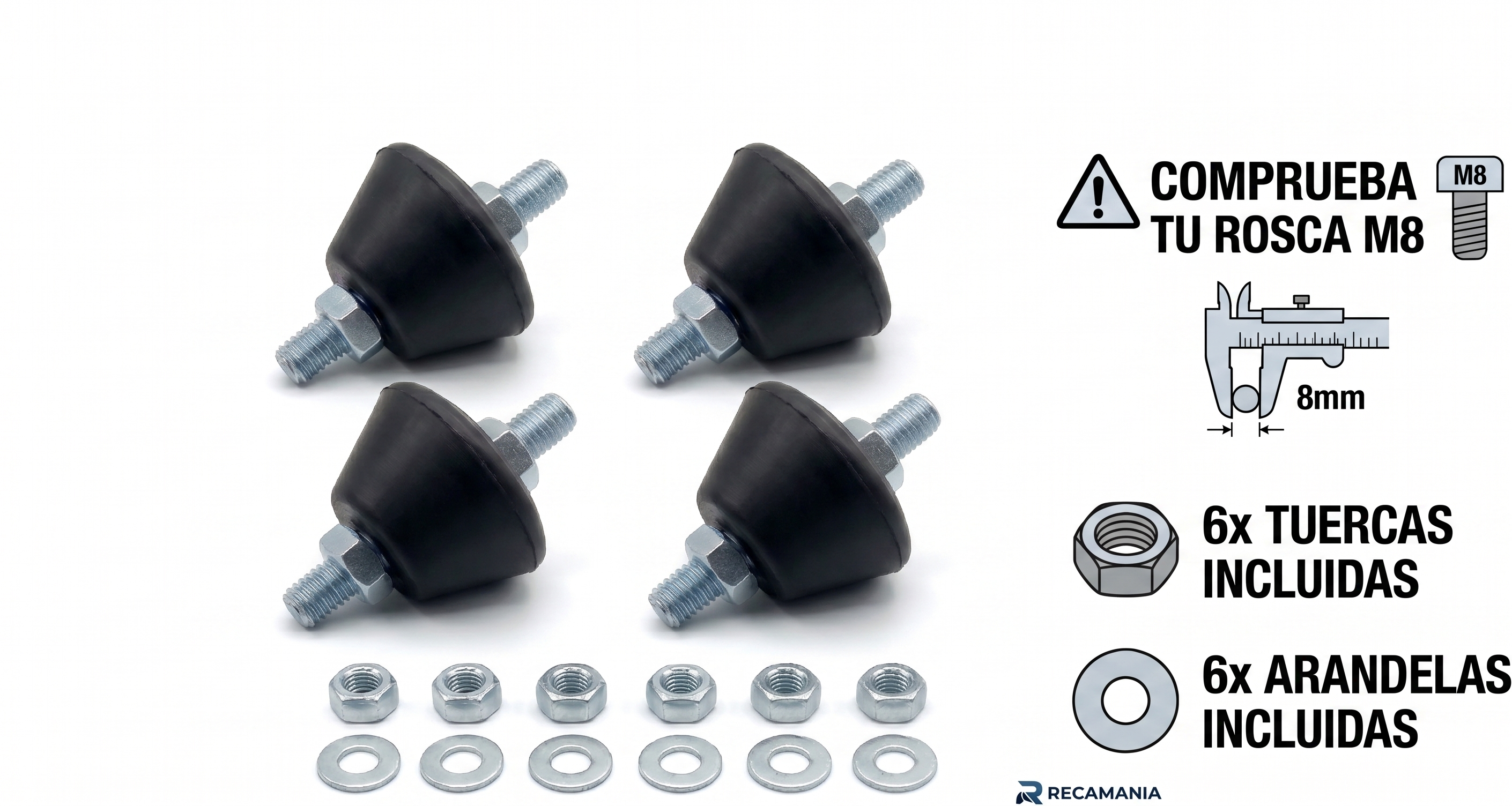 Pack 4 Silentblocks Aire Acondicionado Exterior M8 | Amortiguadores Antivibración de Goma de Alta Densidad | Soporte Compresor Universal Resistente a la Intemperie con Tuercas y Arandelas