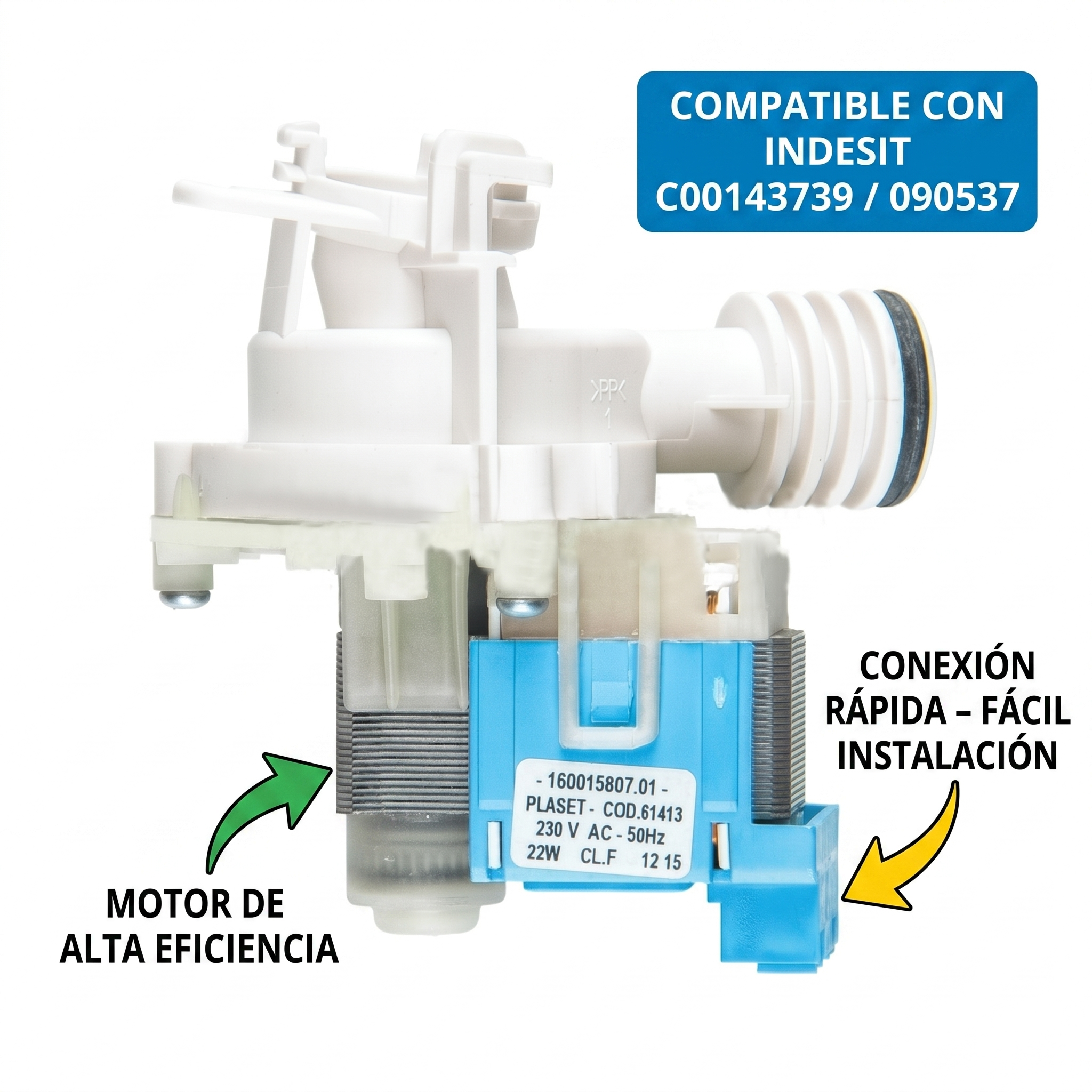 Bomba de Desagüe para Lavavajillas Indesit, Ariston, Hotpoint y Teka  |  Recambio Compatible C00143739 y 090537  |  Motor de Drenaj