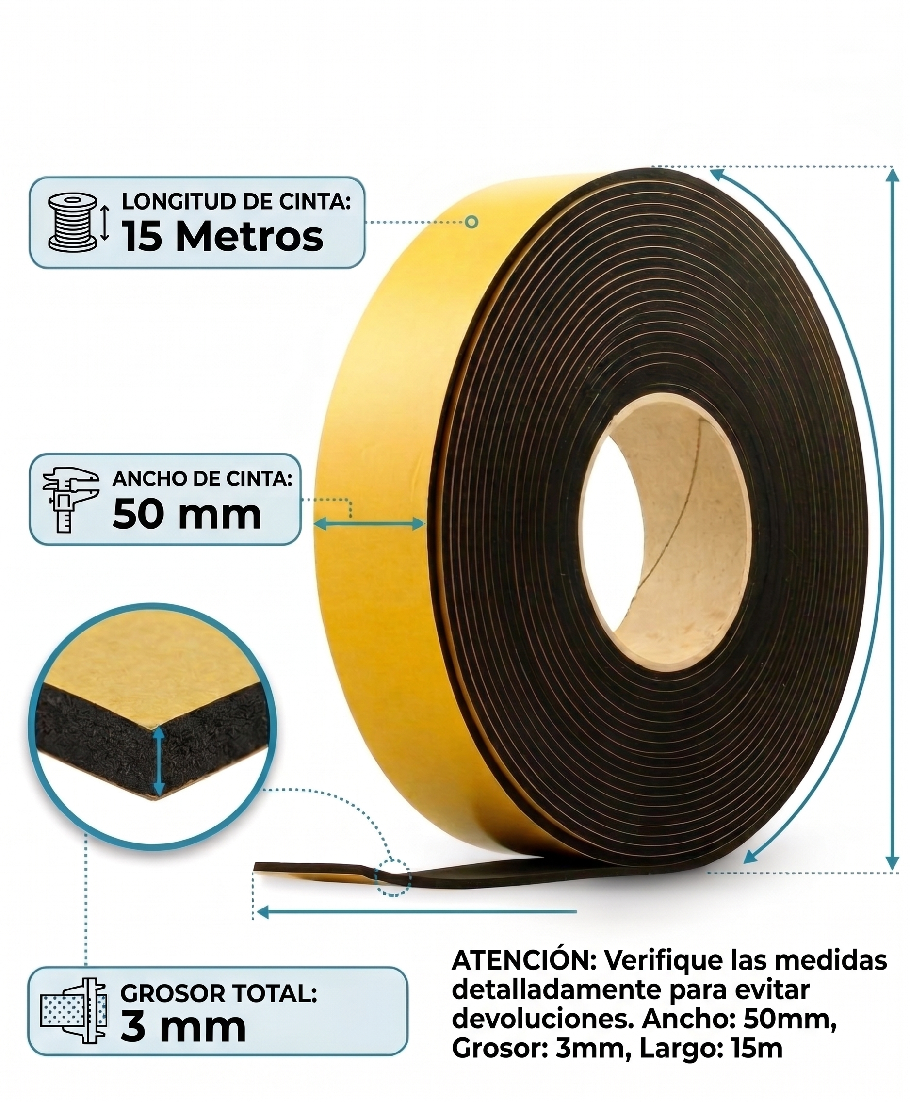 Cinta Autoadhesiva de Caucho 15m x 50mm (Grosor 3mm) | Aislante Térmico y Acústico para Furgonetas Camper, Conductos AC, HVAC y Juntas | Espuma de Alta Densidad Impermeable