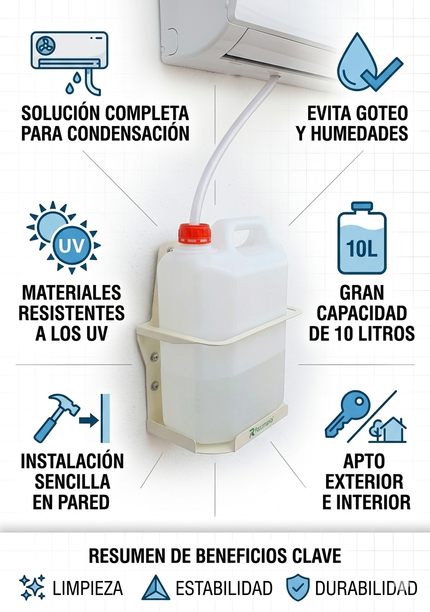 Kit de Desagüe para Aire Acondicionado | Garrafa de PVC 10 Litros y Soporte Metálico en U para Pared | Garrafa Condensación Universal para Exterior e Interior