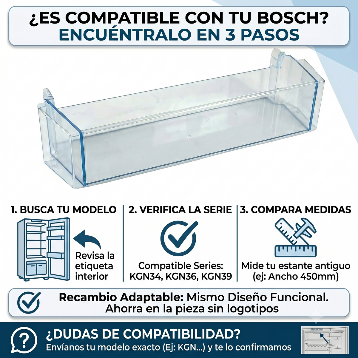 Estante Botellero Frigorífico Compatible con BOSCH 00709646  |  Sustituye 00744473, 00705901, 00704751  |  Transparente Sin Logo n