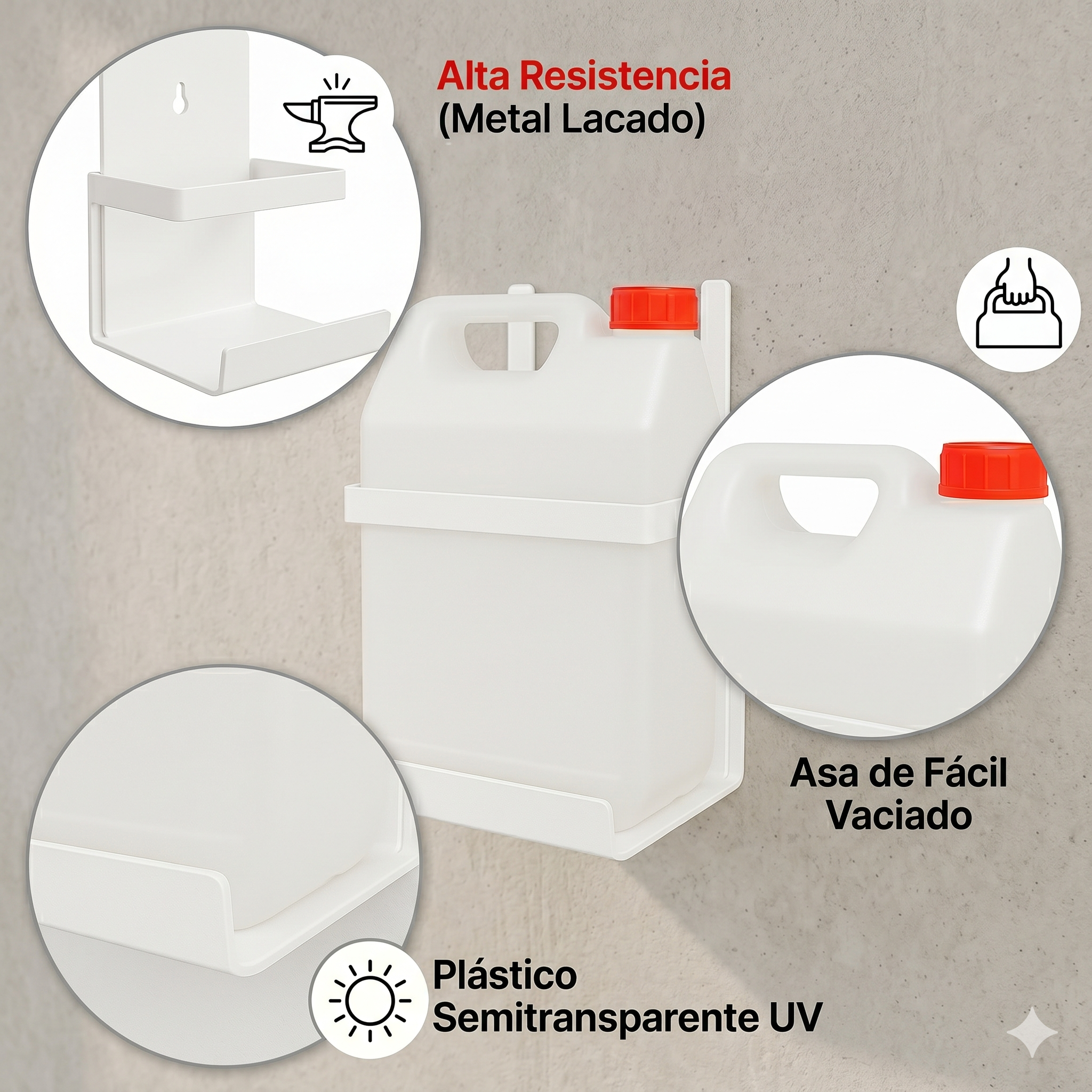 Kit Garrafa Desagüe para Aire Acondicionado | Garrafa de Plástico 5 Litros con Tapón y Soporte Metálico de Pared en U | Depósito de Condensación Universal para Exterior e Interior