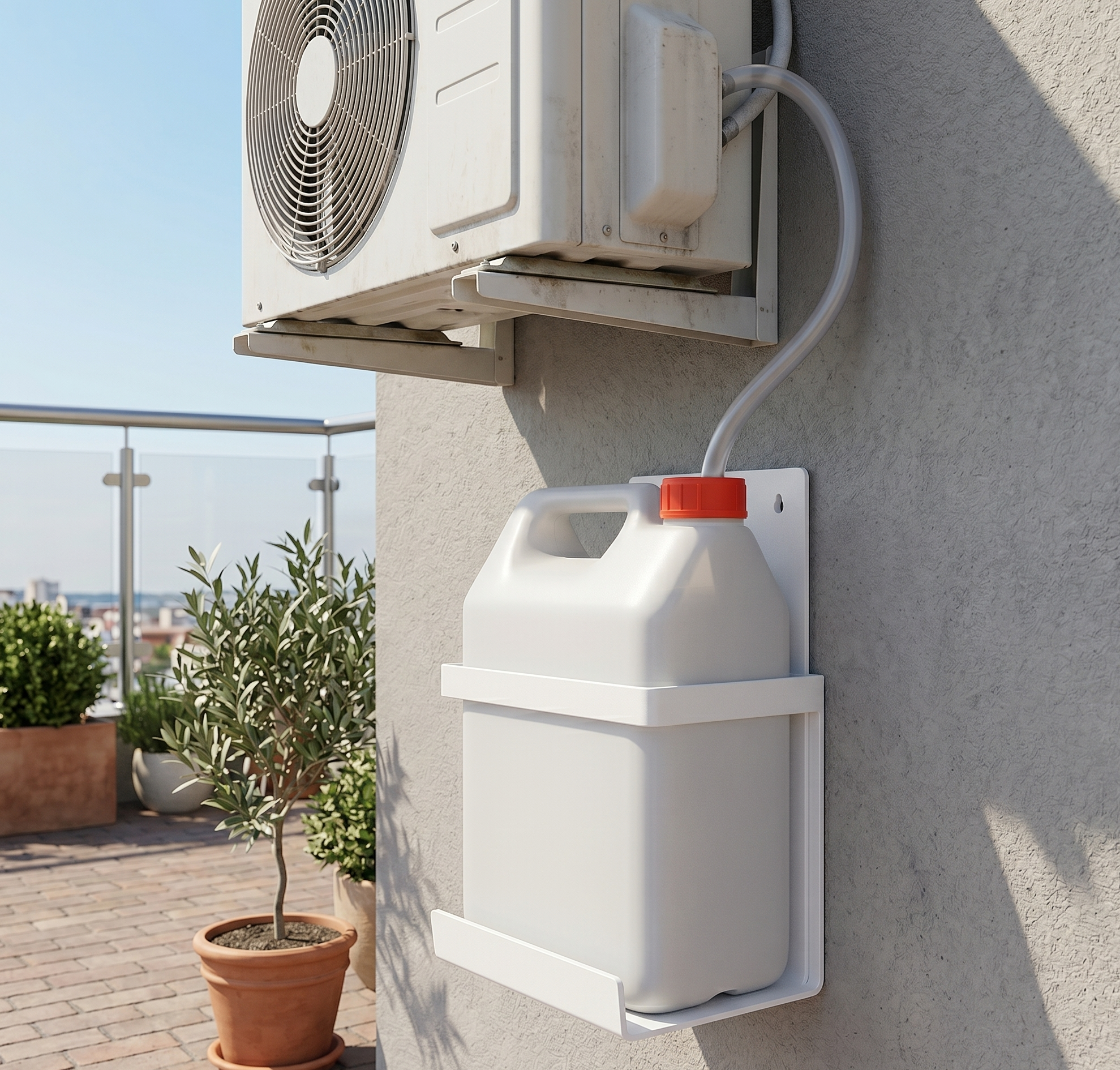 Kit Garrafa Desagüe para Aire Acondicionado | Garrafa de Plástico 5 Litros con Tapón y Soporte Metálico de Pared en U | Depósito de Condensación Universal para Exterior e Interior