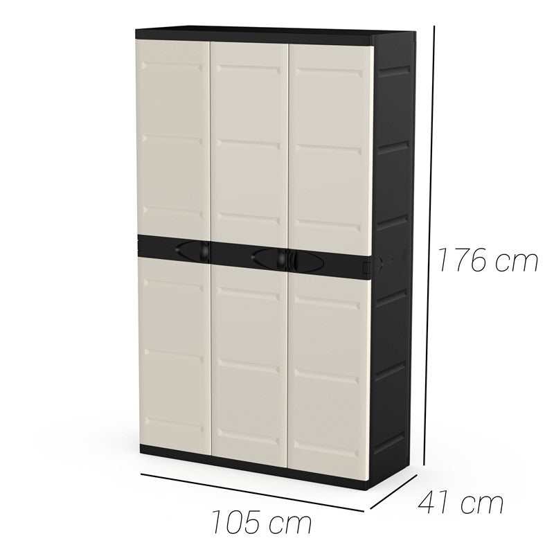 Armario Multiusos de 3 Puertas con 4 Baldas - 176 x 105 x 41 cm - Beige / Negro