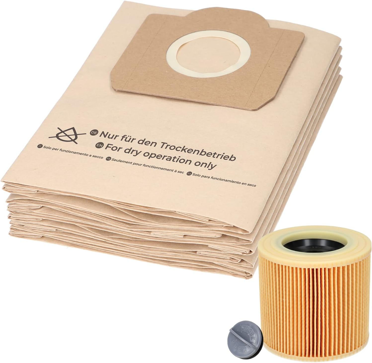 Kit de 5 bolsas de aspiradora y 1 filtro de cartucho adecuado para aspiradoras multiusos Kärcher