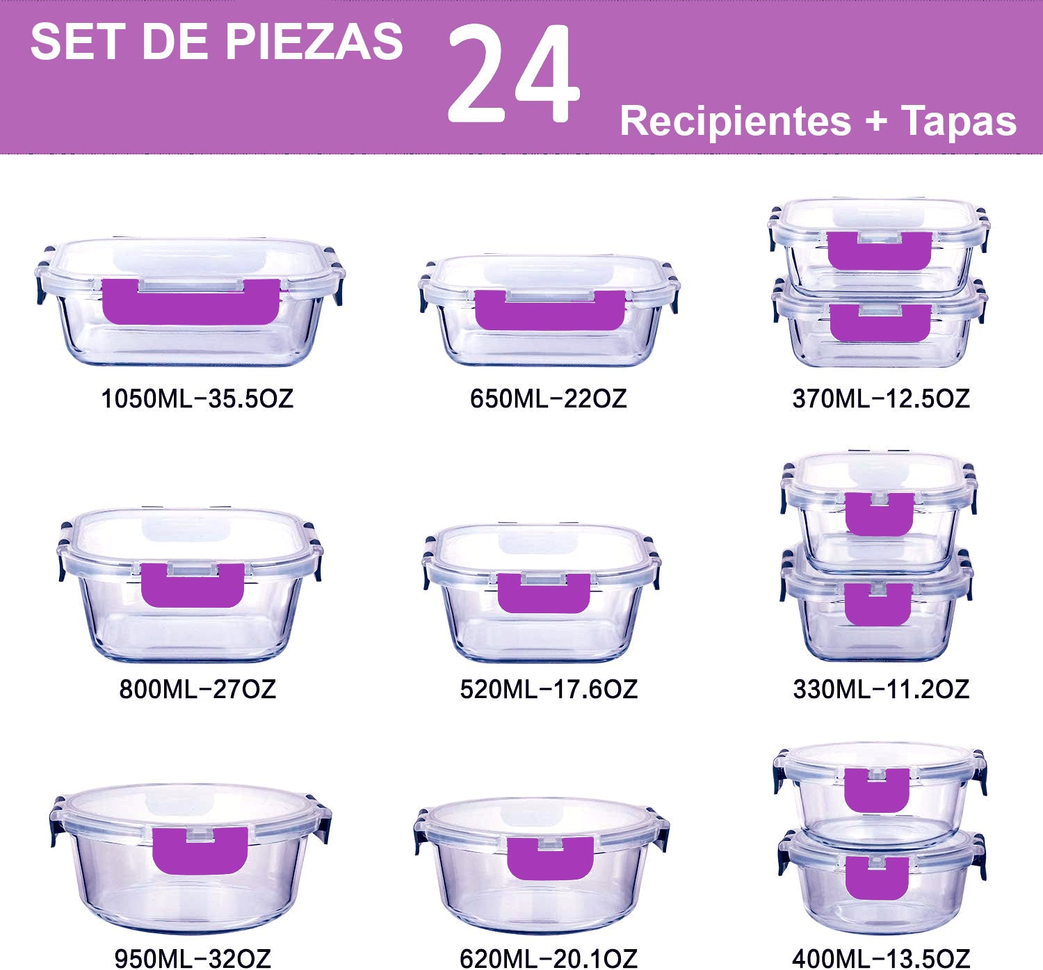 Recipientes de Cristal Para Alimentos - 24 Piezas (12 recipientes y 12 tapas) - Apto lavavajillas
